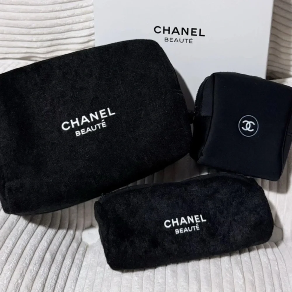 Beauté 3-Piece Black Terry Cloth and Neoprene Cosmetic Pouch Set